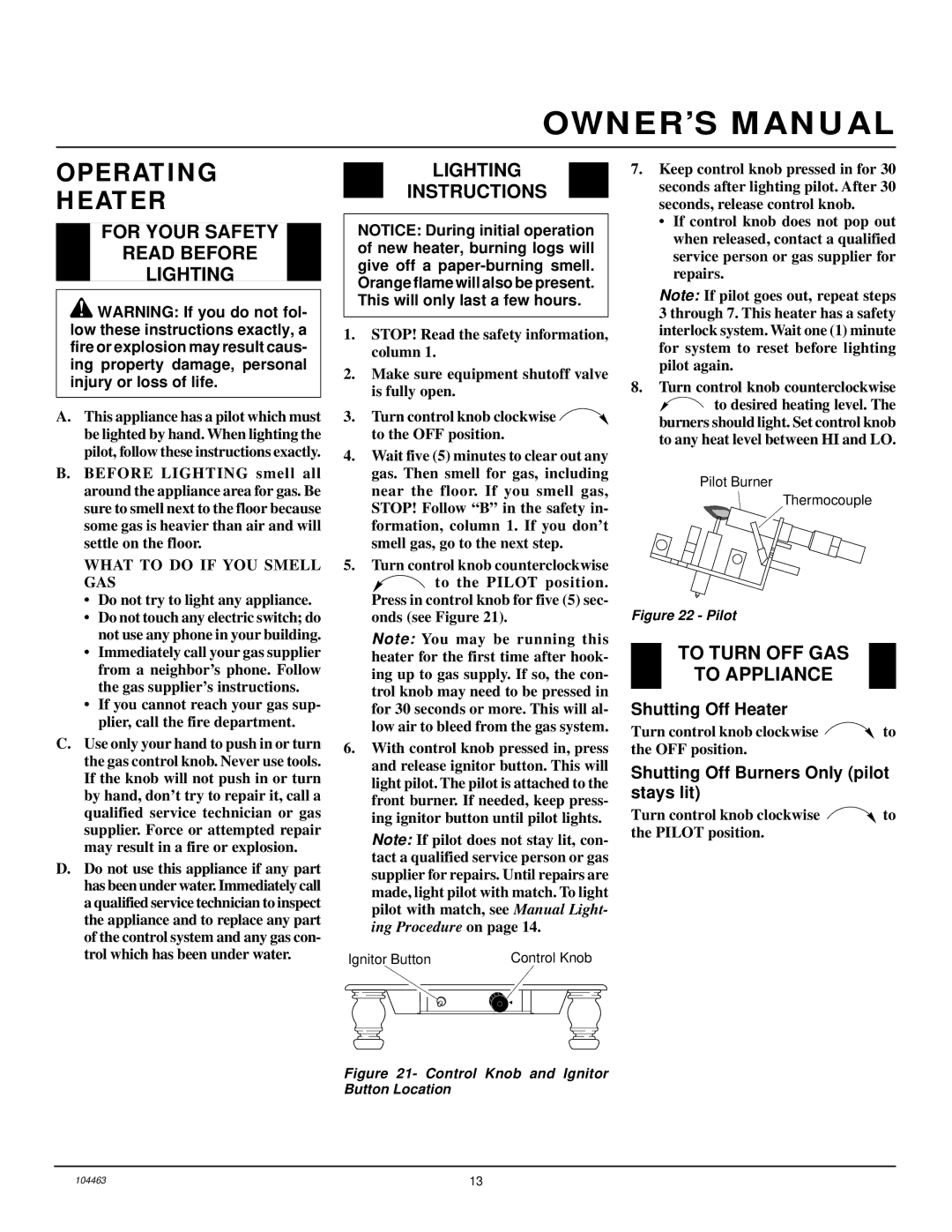 Desa Tech SL30NT installation manual Operating Heater, For Your Safety Read Before Lighting, Lighting Instructions 