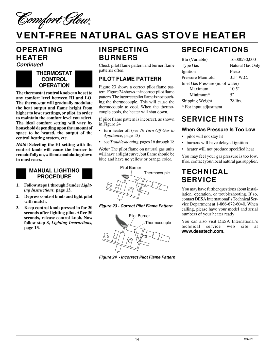 Desa Tech SL30NT installation manual Inspecting Burners, Specifications, Service Hints, Technical Service 