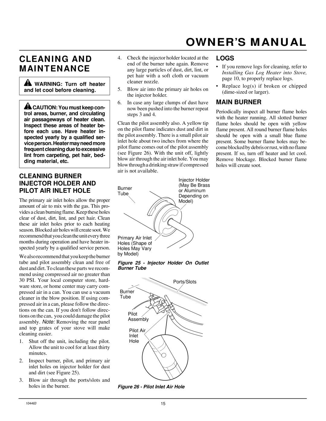 Desa Tech SL30NT Cleaning and Maintenance, Cleaning Burner Injector Holder and Pilot AIR Inlet Hole, Logs, Main Burner 