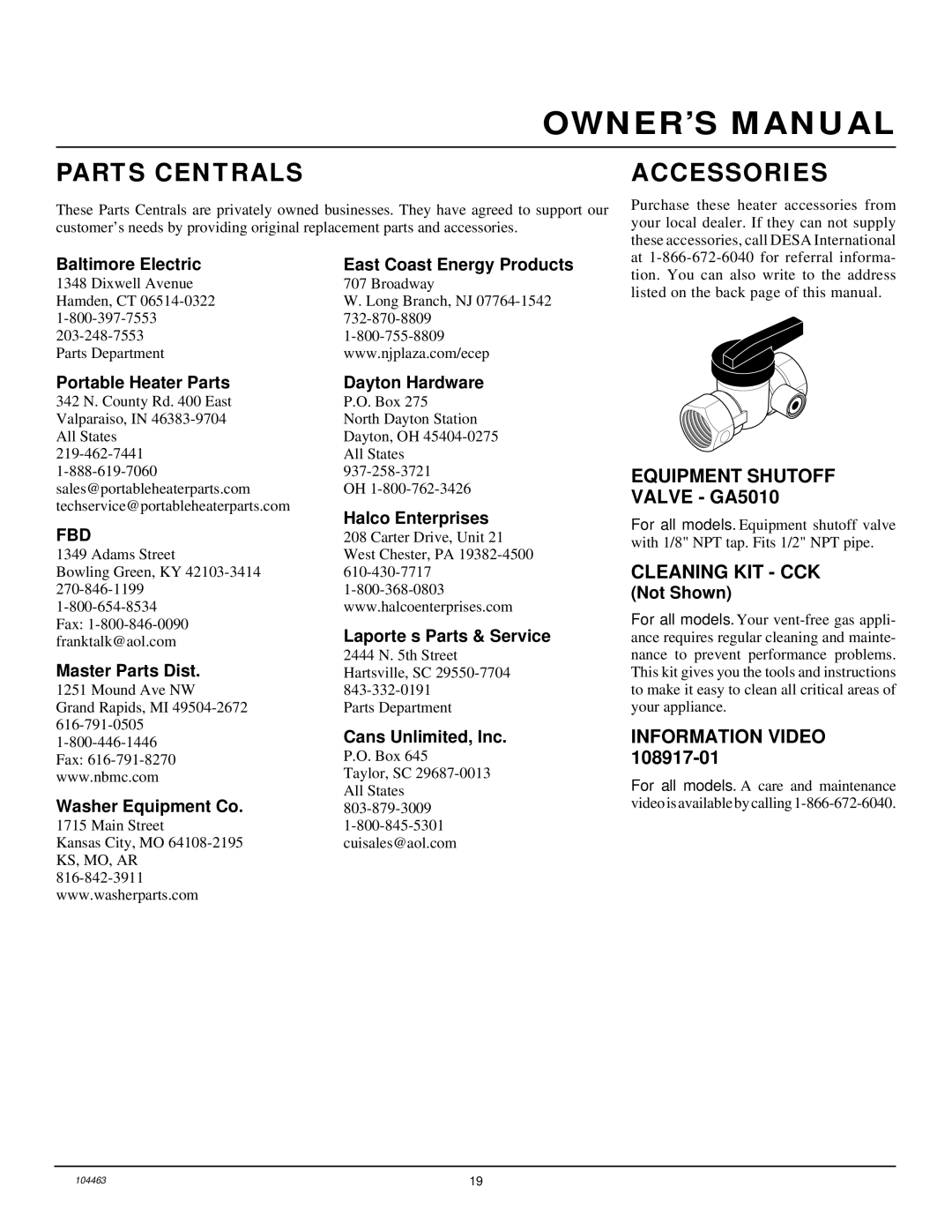 Desa Tech SL30NT Parts Centrals, Accessories, Equipment Shutoff Valve GA5010, Cleaning KIT CCK, Information Video 