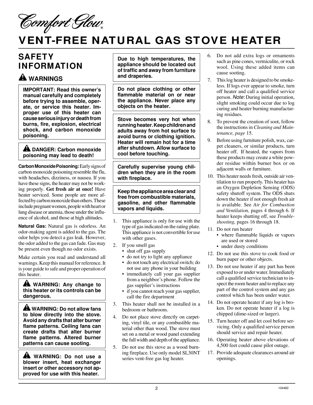 Desa Tech SL30NT installation manual VENT-FREE Natural GAS Stove Heater, Safety Information 