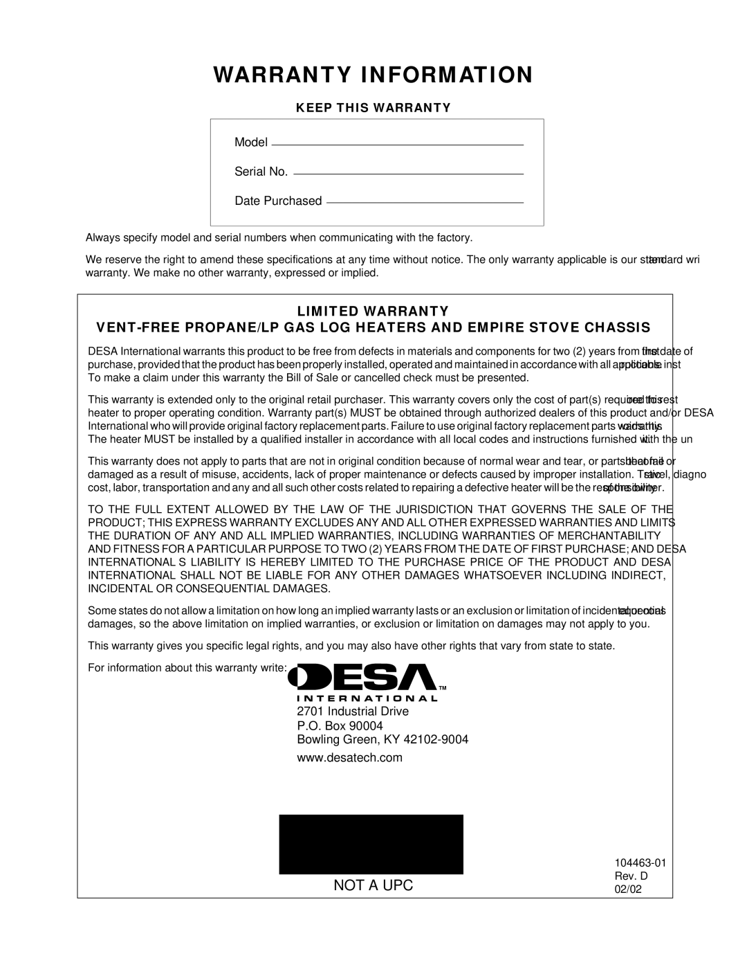 Desa Tech SL30NT installation manual Warranty Information 