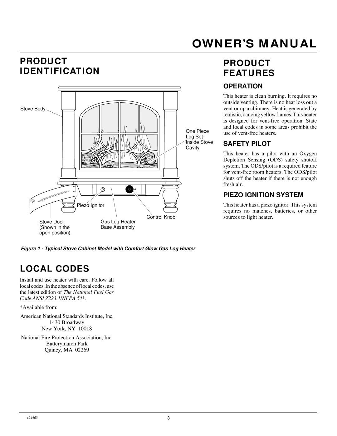 Desa Tech SL30NT Product Identification Product Features, Local Codes, Operation, Safety Pilot, Piezo Ignition System 