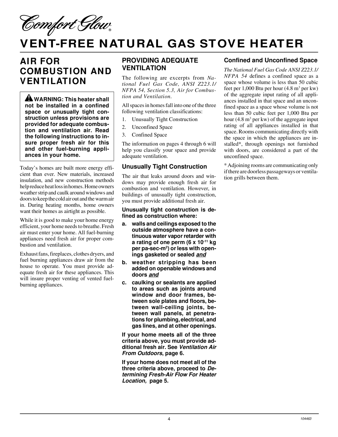 Desa Tech SL30NT AIR for Combustion and Ventilation, Providing Adequate Ventilation, Unusually Tight Construction 