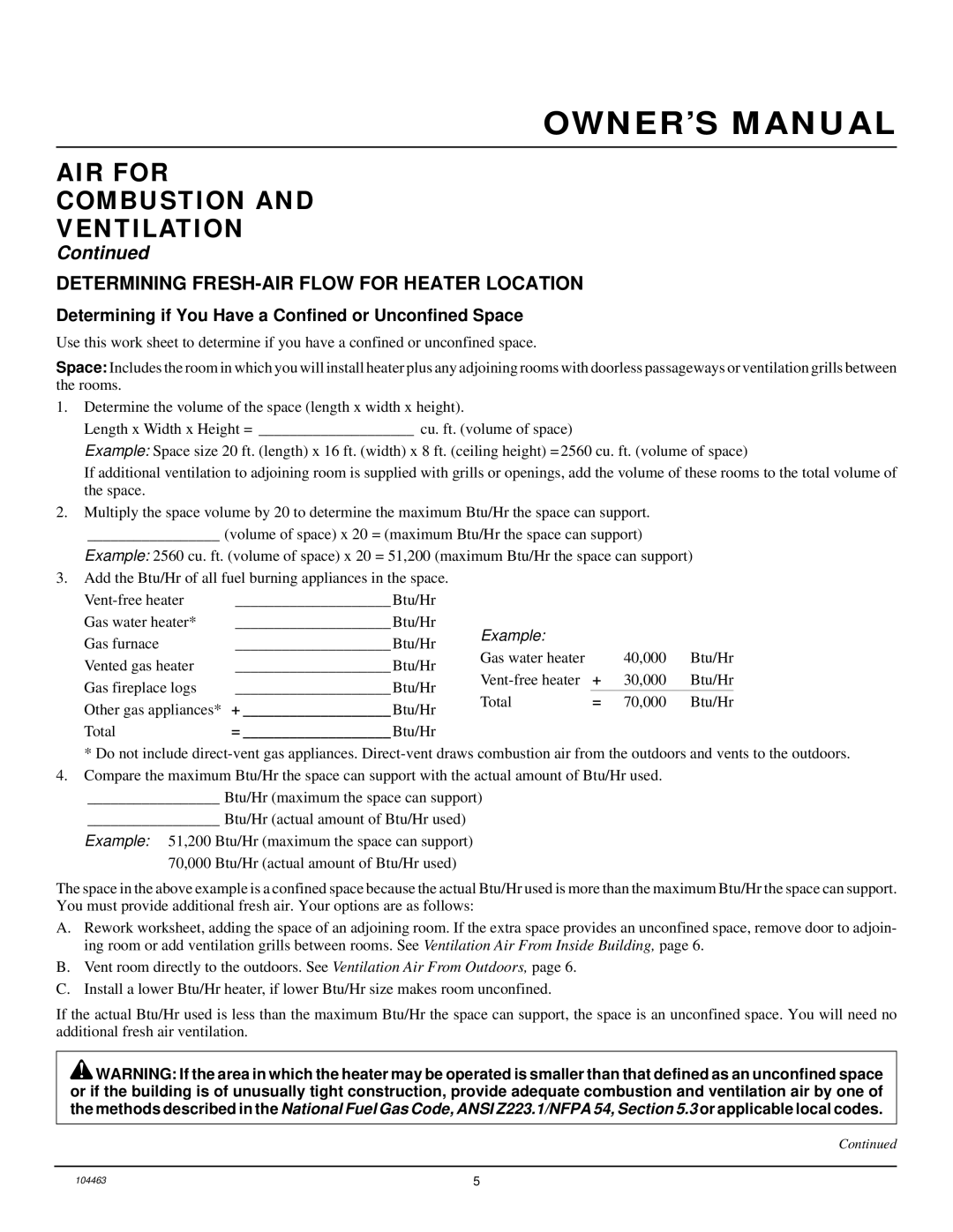 Desa Tech SL30NT installation manual AIR for Combustion Ventilation, Determining FRESH-AIR Flow for Heater Location 