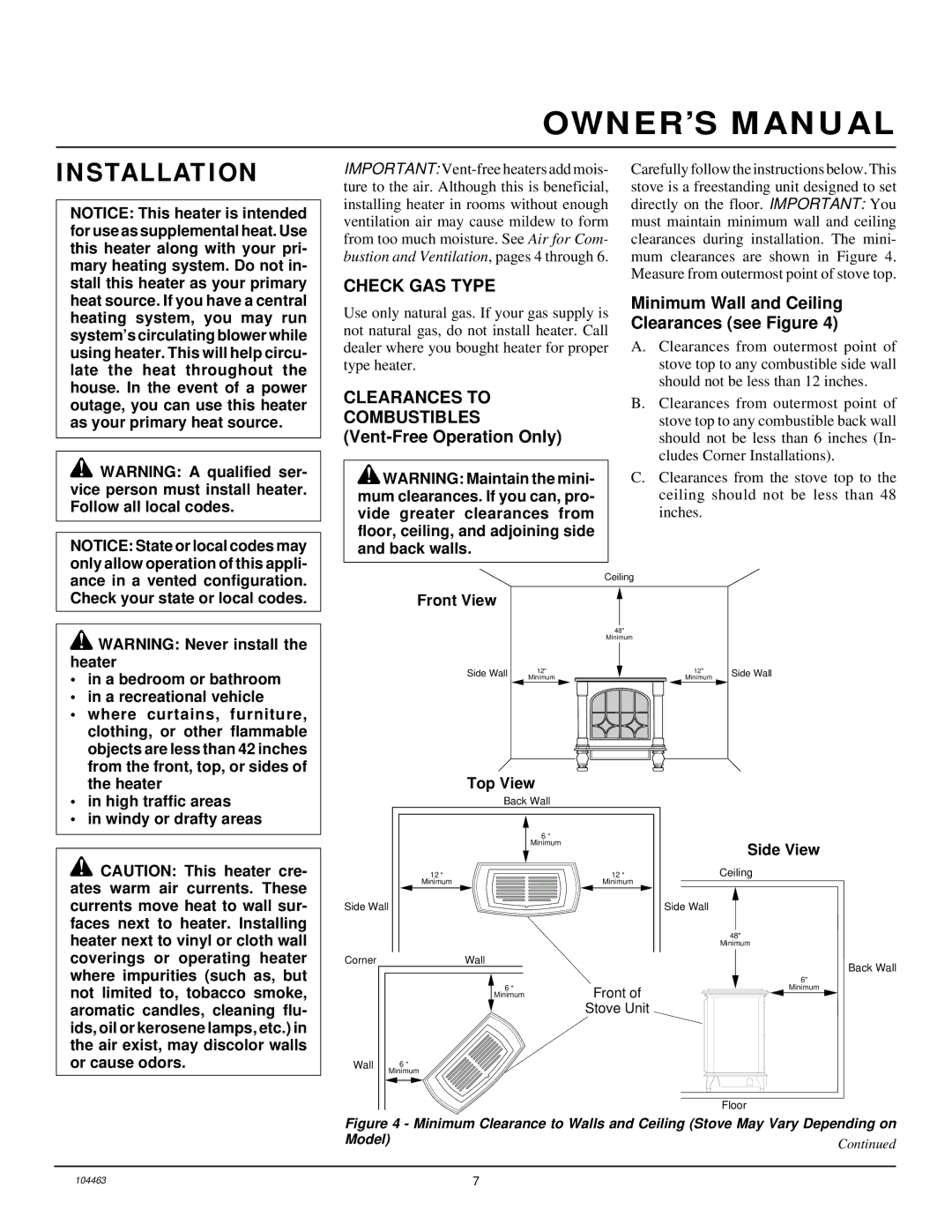 Desa Tech SL30NT installation manual Installation, Check GAS Type, Clearances to, Combustibles Vent-Free Operation Only 