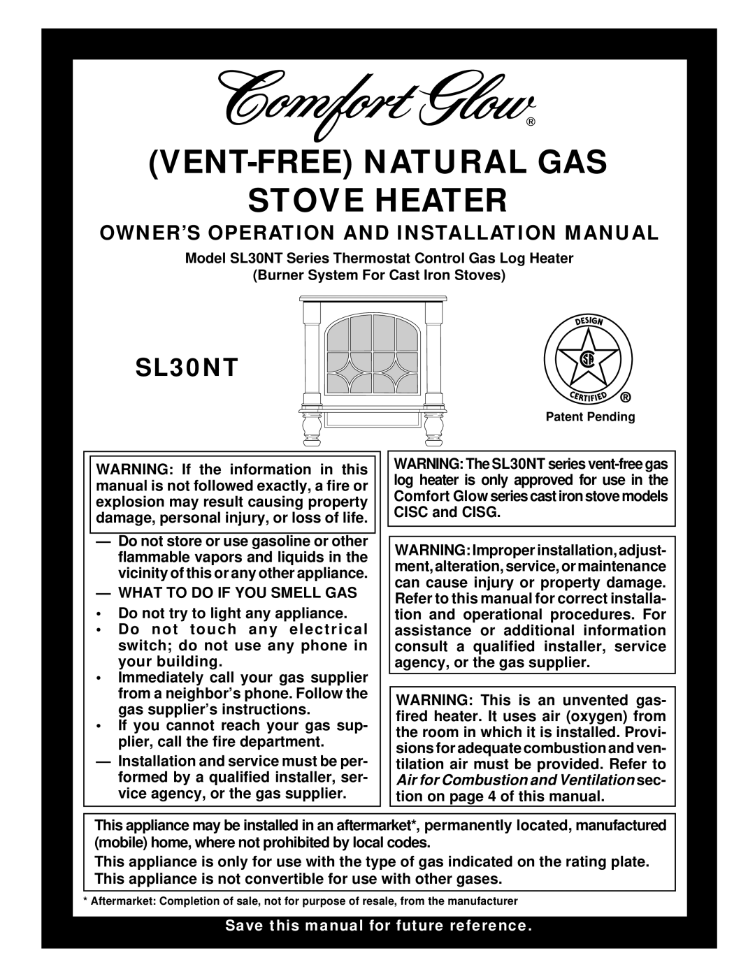 Desa Tech SL30NT installation manual Owner’S Operation And Installation Manual, Vent-Freenatural Gas Stove Heater 