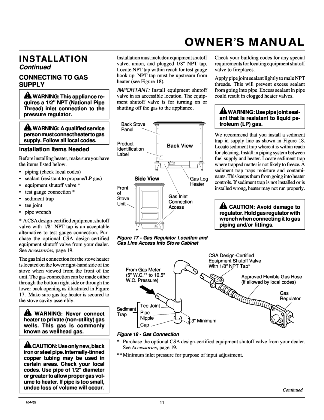 Desa Tech SL30NT installation manual Continued, Connecting To Gas Supply, Installation Items Needed 