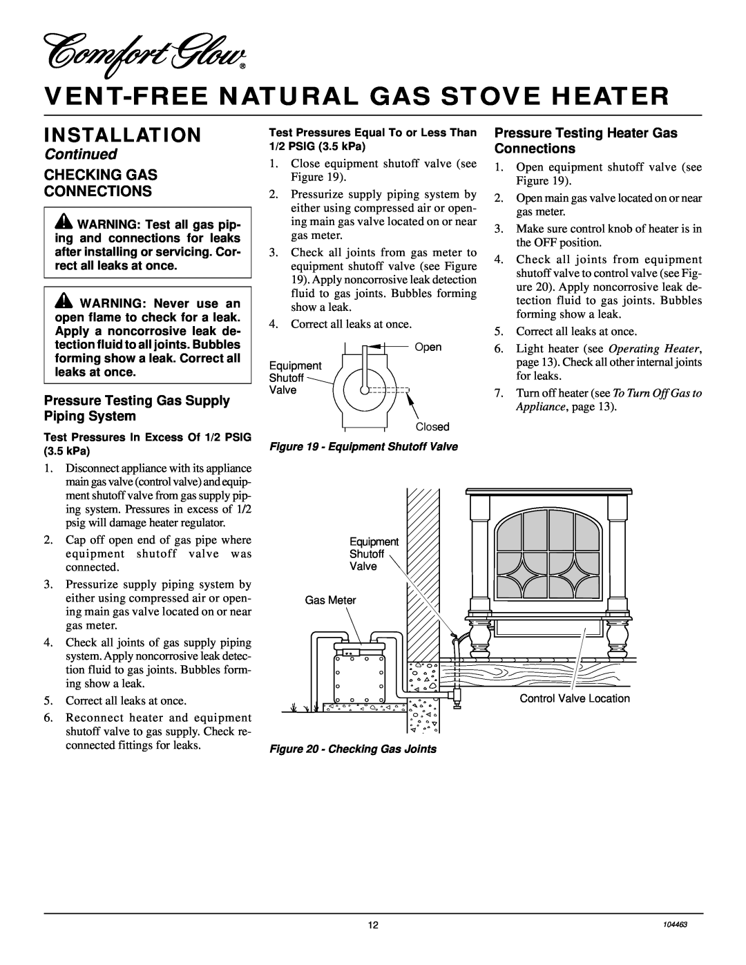 Desa Tech SL30NT installation manual Vent-Freenatural Gas Stove Heater, Installation, Continued, Checking Gas Connections 