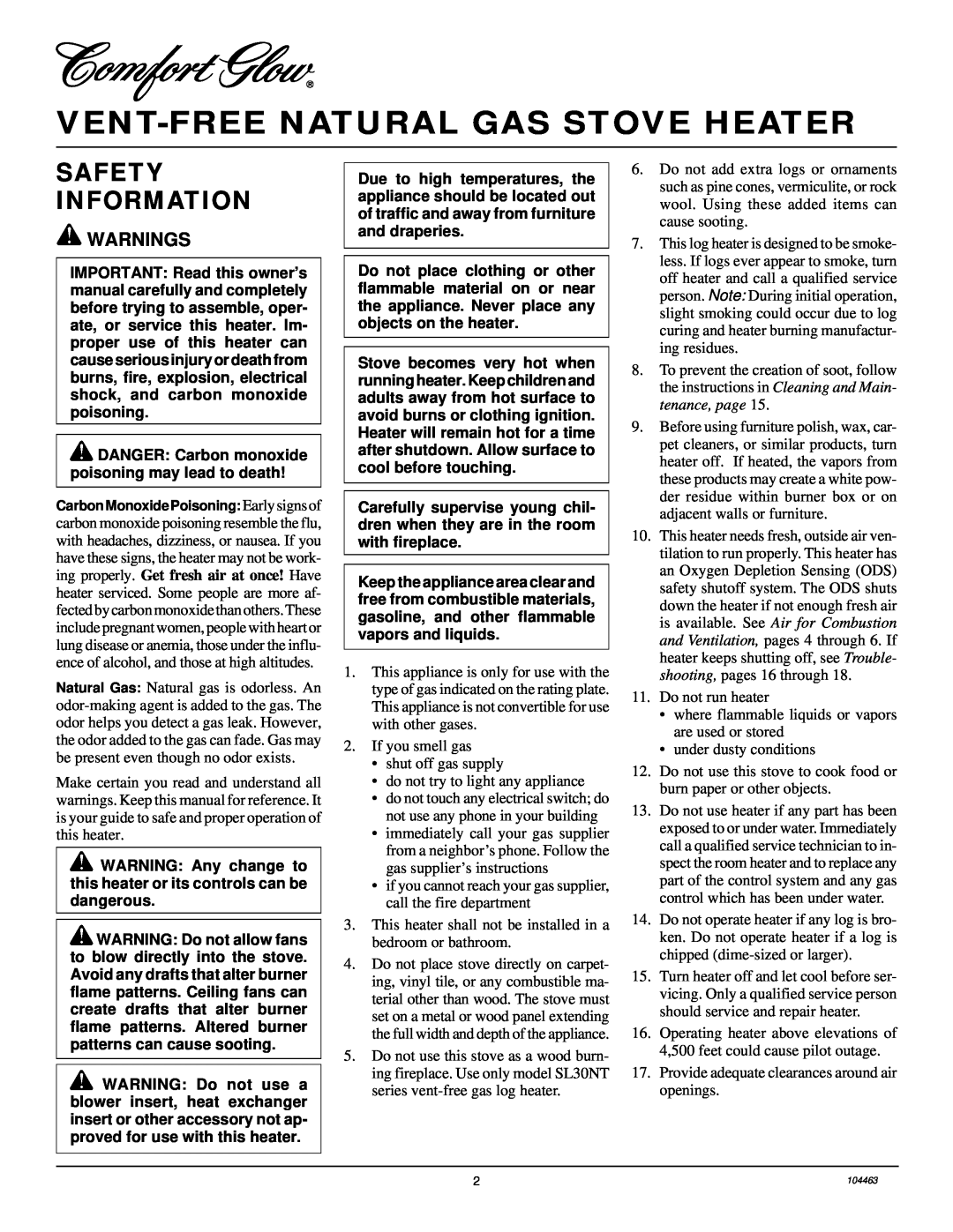 Desa Tech SL30NT installation manual Vent-Freenatural Gas Stove Heater, Safety Information 