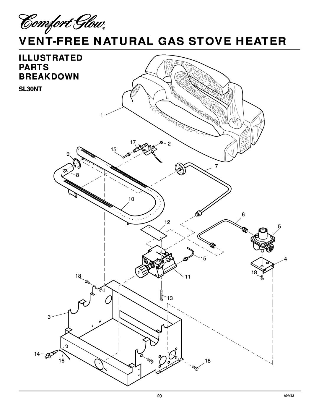 Desa Tech SL30NT installation manual Illustrated Parts Breakdown, Vent-Freenatural Gas Stove Heater, 1 17 15 7, 104463 