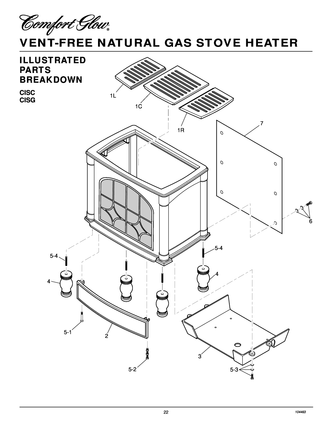 Desa Tech SL30NT Vent-Freenatural Gas Stove Heater, Illustrated Parts Breakdown, 1L 1C 7 1R 6 5-4 5-4 4, 5-1, 104463 