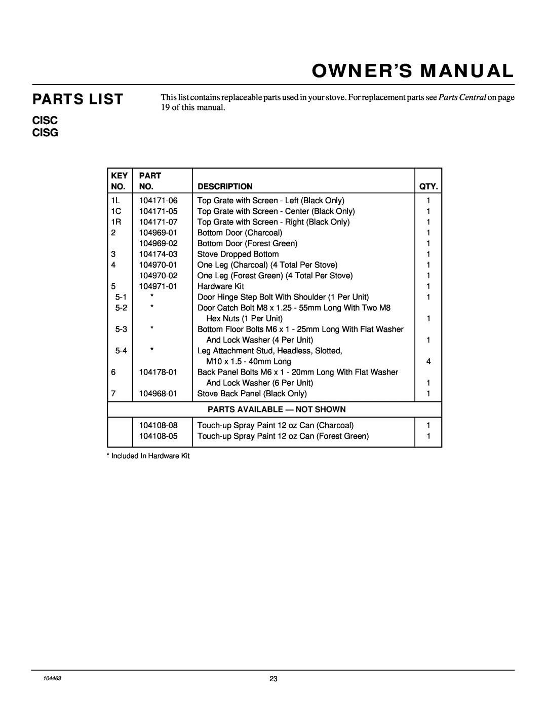Desa Tech SL30NT installation manual Parts List, 104171-06 