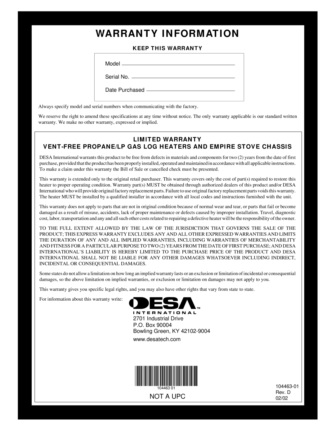 Desa Tech SL30NT installation manual Warranty Information, Not A Upc, Model Serial No Date Purchased 