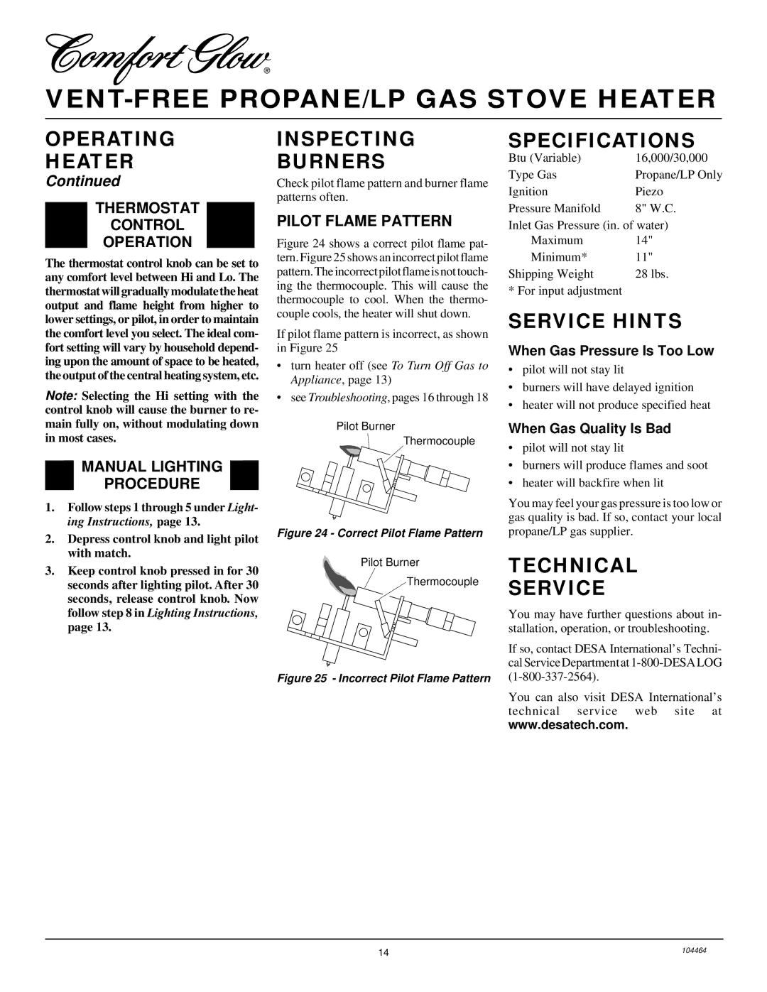 Desa Tech SL30PT installation manual Inspecting Burners, Specifications, Service Hints, Technical Service 