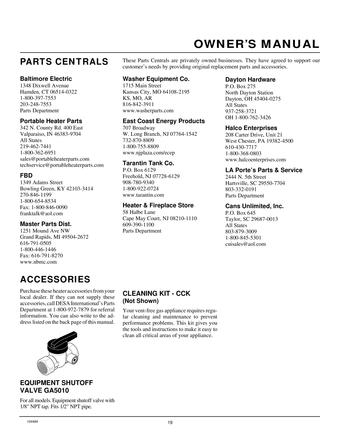 Desa Tech SL30PT installation manual Parts Centrals, Accessories, Equipment Shutoff Valve GA5010, Cleaning KIT CCK, Fbd 