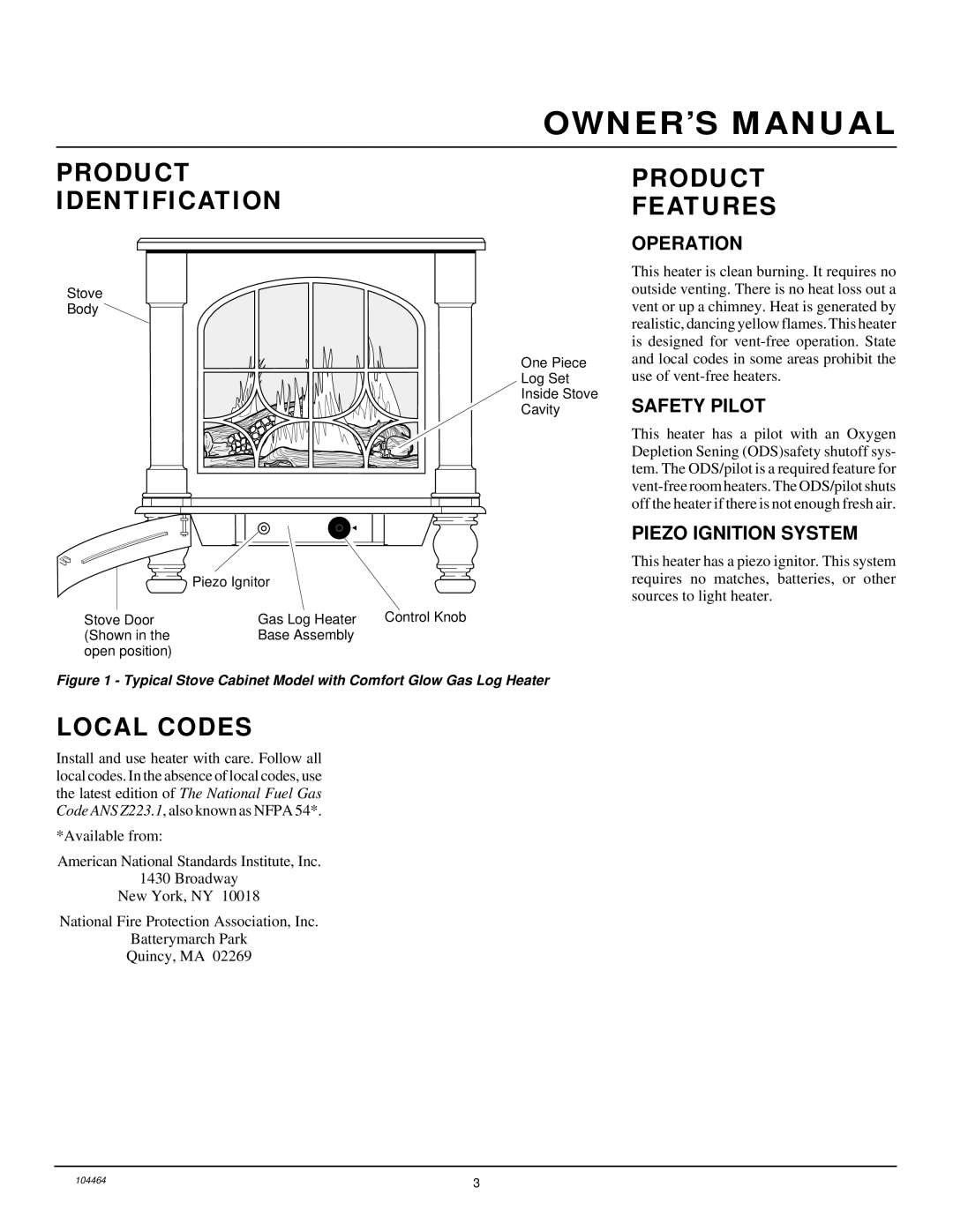 Desa Tech SL30PT Product Identification Product Features, Local Codes, Operation, Safety Pilot, Piezo Ignition System 