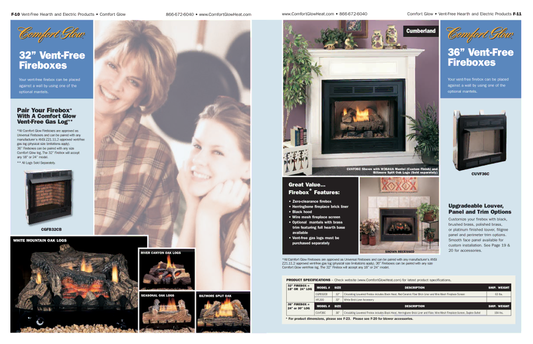 Desa Tech Vent-Free Gas and Electric Hearth manual Cumberland, Great Value Firebox* Features 