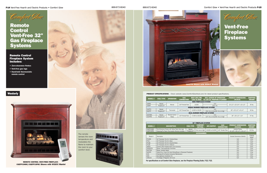 Desa Tech Vent-Free Gas and Electric Hearth manual Vent-Free32, Gas Fireplace, Systems, Westerly, Remote Control 