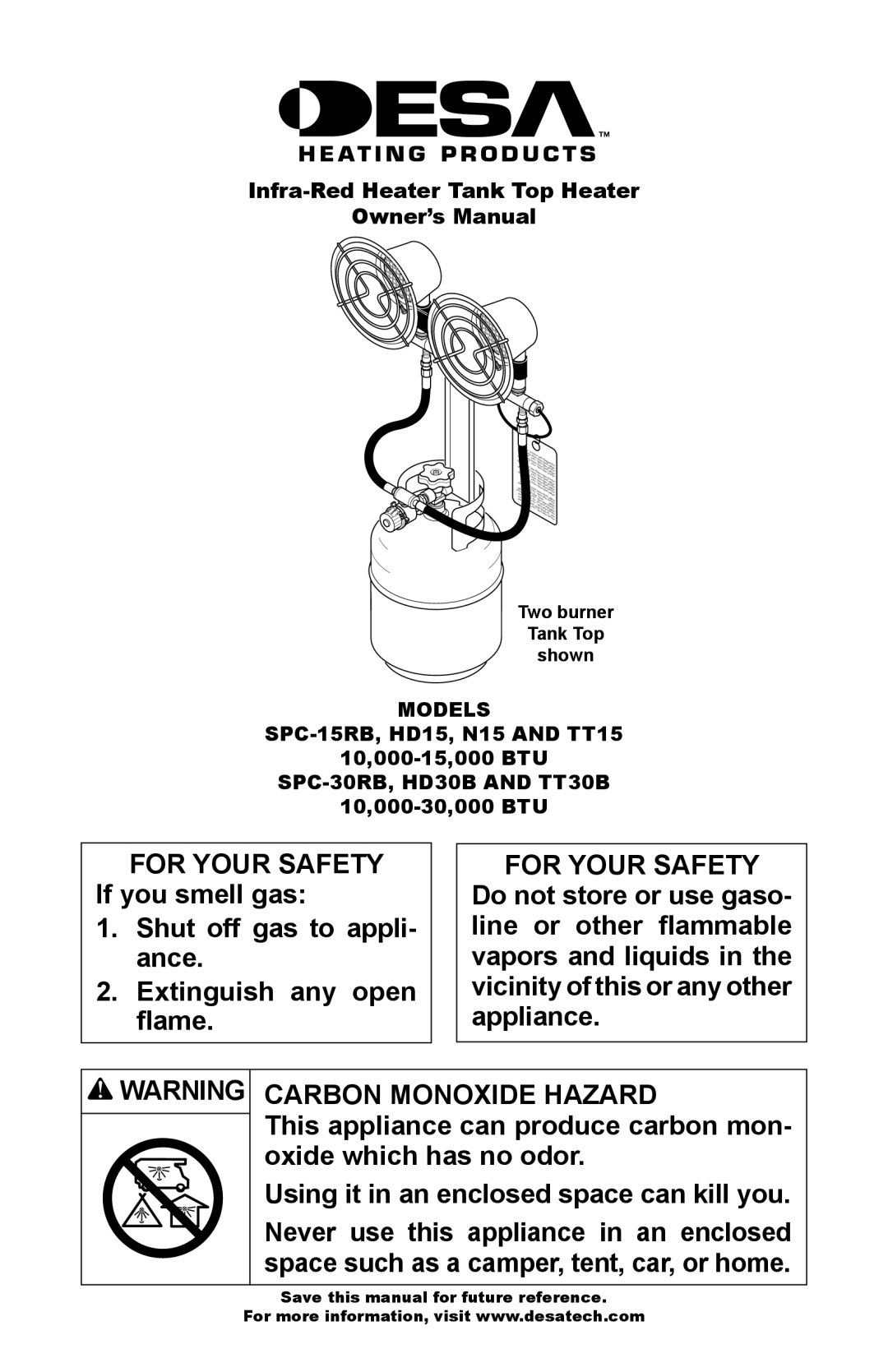 Desa TT15, N15, SPC-15RB owner manual For Your Safety, Carbon Monoxide Hazard, Models, SPC-30RB, HD30B and TT30B 