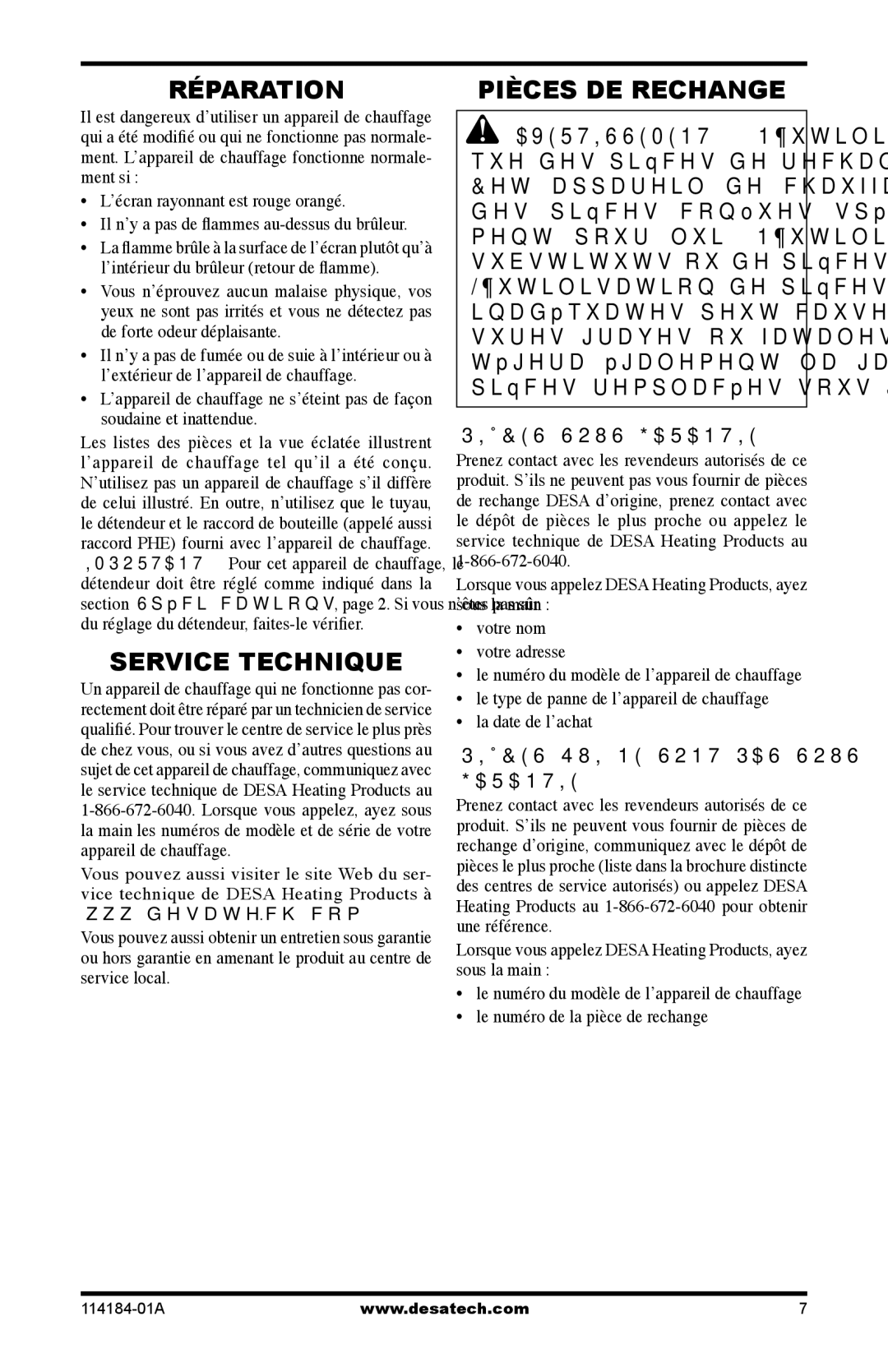 Desa SPC-15RB, TT15, SPC-30RB, N15 owner manual Réparation, Service Technique, Pièces DE Rechange, Pièces Sous Garantie 