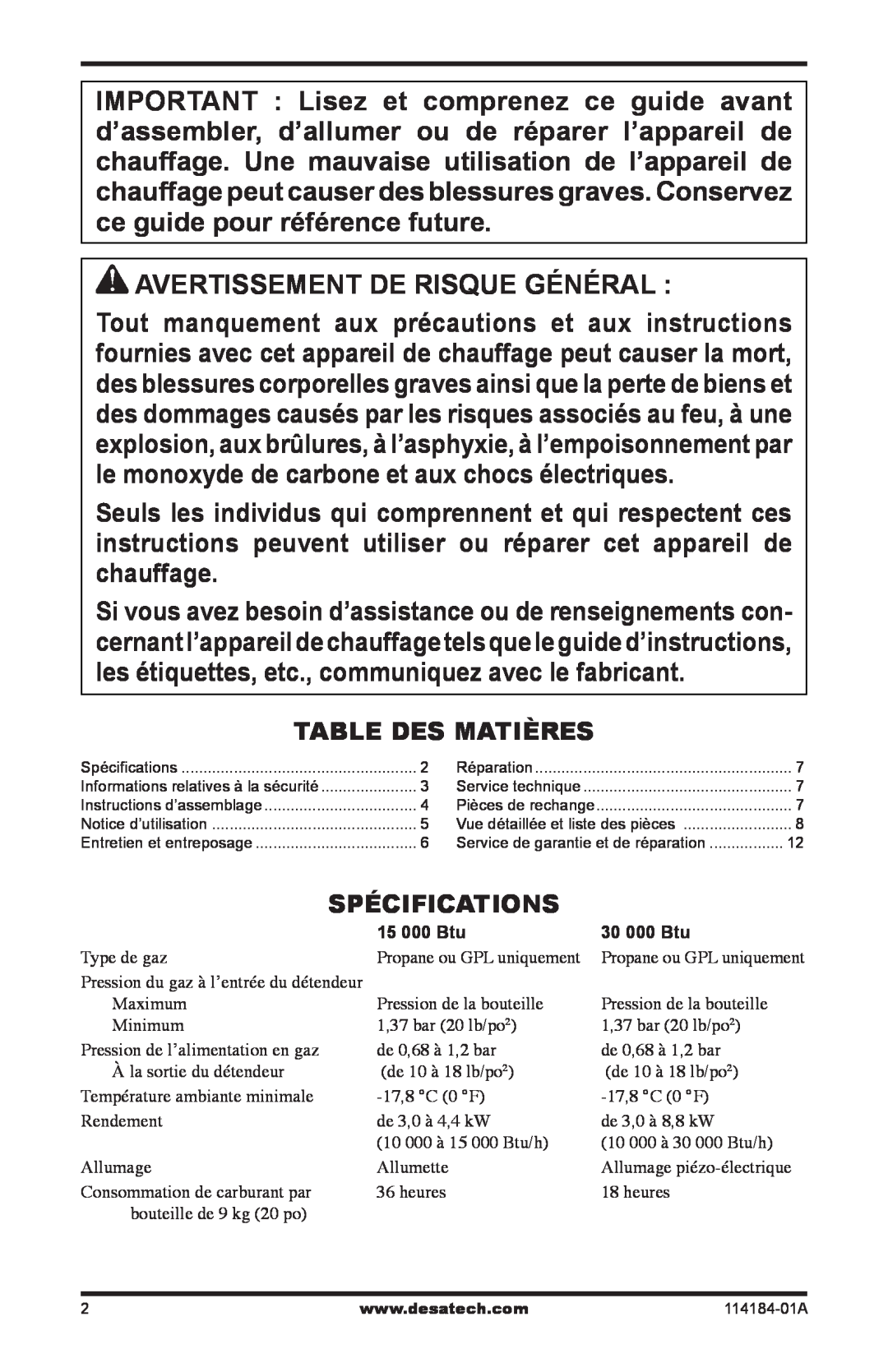 Desa N15, TT15, SPC-30RB, SPC-15RB owner manual Avertissement De Risque Général 