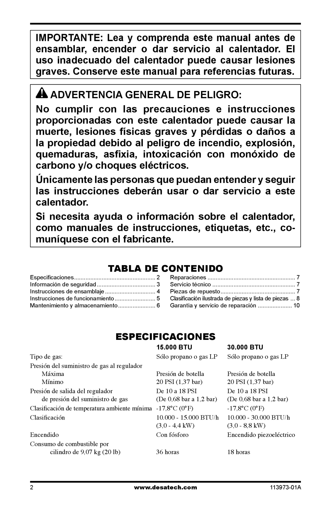 Desa TT30 10, TT15A 10, SPC-15R owner manual Advertencia General DE Peligro, Tabla DE Contenido, Especificaciones 