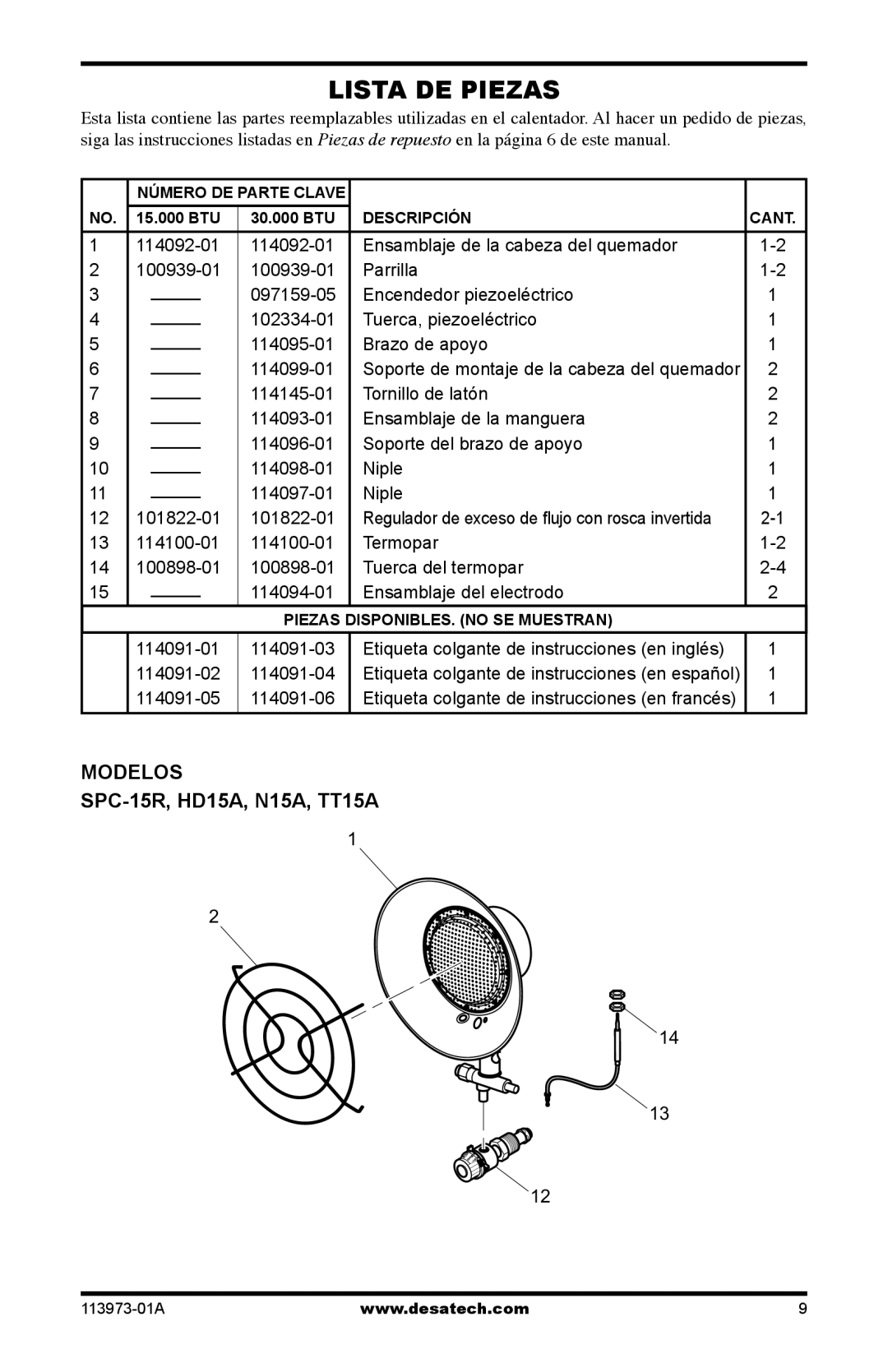 Desa TT15A 10, TT30 10, SPC-15R owner manual Lista DE Piezas 