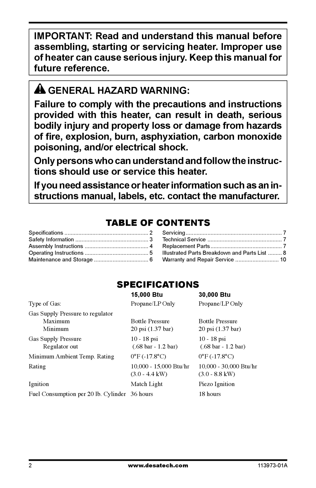 Desa SPC-15R, TT30 10, TT15A 10 owner manual General Hazard Warning, Table of Contents, Specifications 