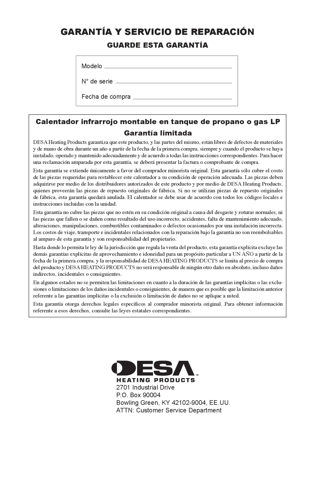 Desa SPC-15R, TT30 10, TT15A 10 owner manual Garantía Y Servicio DE Reparación, Guarde Esta Garantía 