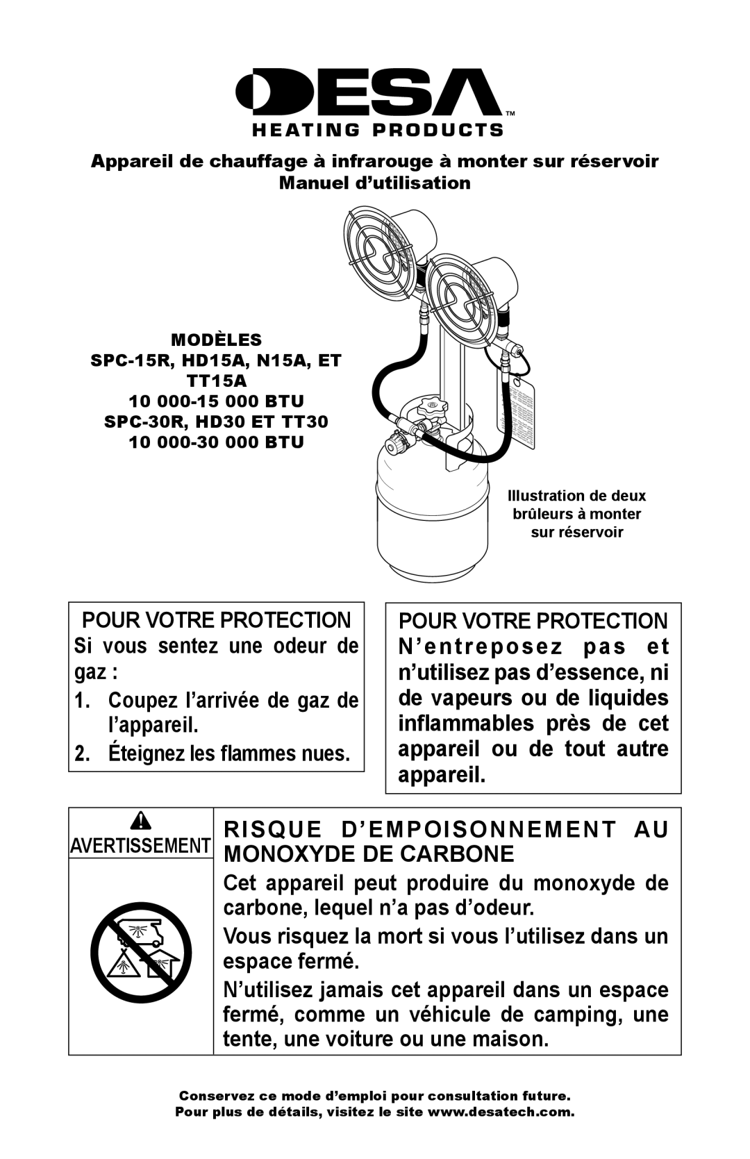 Desa TT30 10, TT15A 10, SPC-15R owner manual Risque D’EMPOISONNEMENT AU Monoxyde DE Carbone, Modèles, Avertissement 