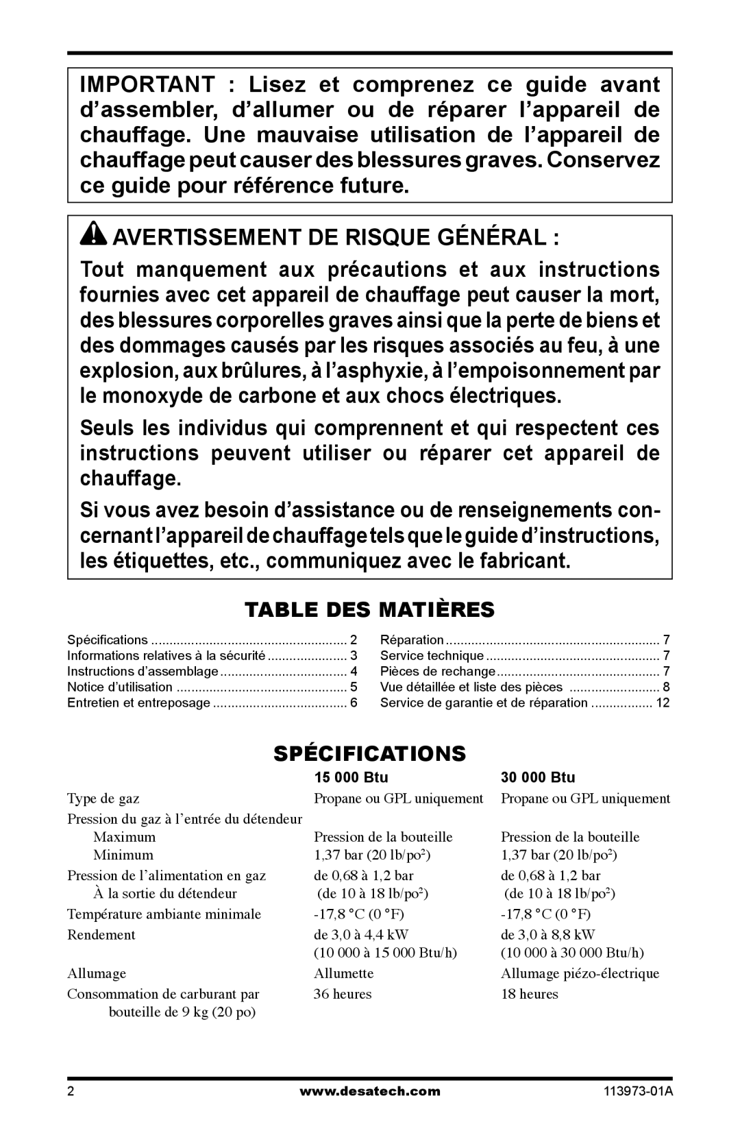 Desa TT15A 10, TT30 10, SPC-15R owner manual Avertissement DE Risque Général, Table DES Matières, Spécifications 