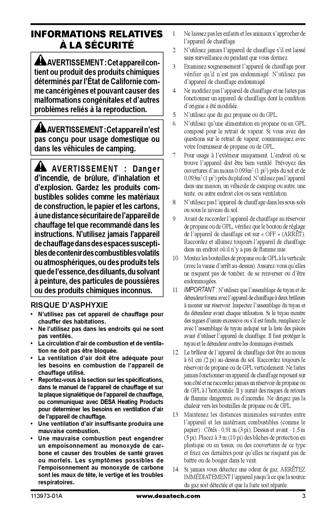 Desa SPC-15R, TT30 10, TT15A 10 owner manual LA Sécurité, Risque D’ASPHYXIE 