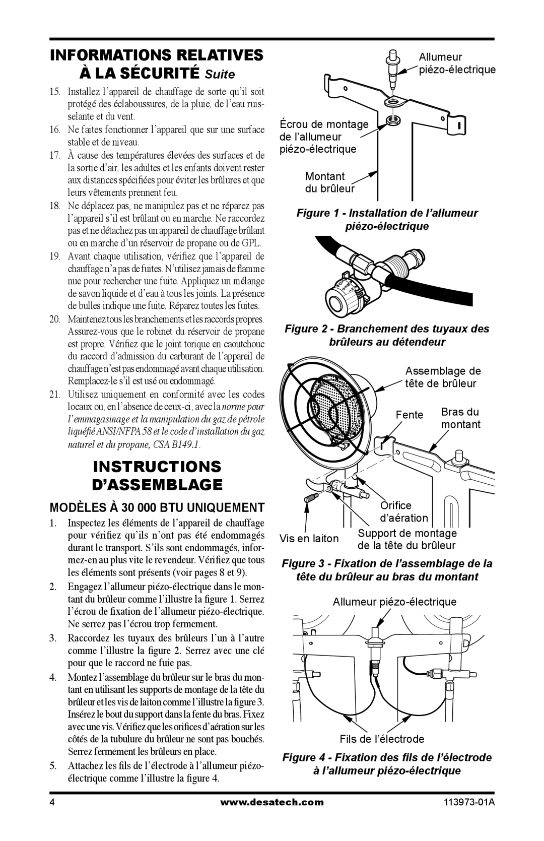 Desa TT30 10, TT15A 10, SPC-15R owner manual Instructions ’ASSEMBLAGE, Modèles À 30 000 BTU Uniquement 