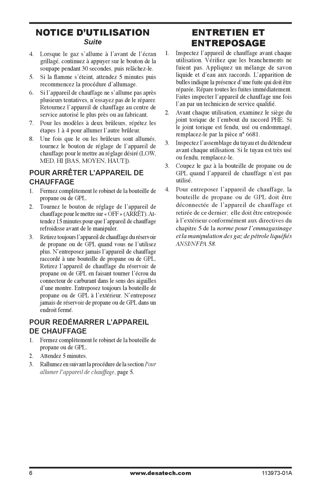 Desa SPC-15R Entretien ET Entreposage, Pour Arrêter L’APPAREIL DE Chauffage, Pour Redémarrer L’APPAREIL DE Chauffage 