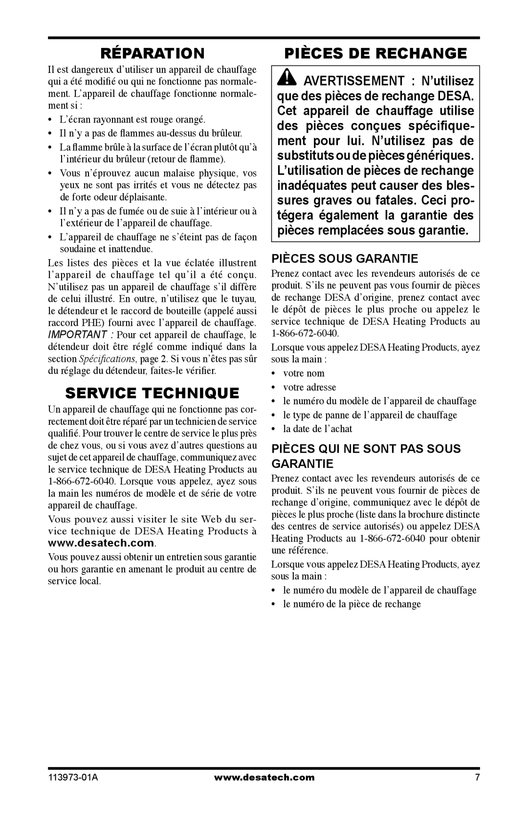 Desa TT30 10 Réparation, Service Technique, Pièces DE Rechange, Pièces Sous Garantie, Pièces QUI NE Sont PAS Sous Garantie 