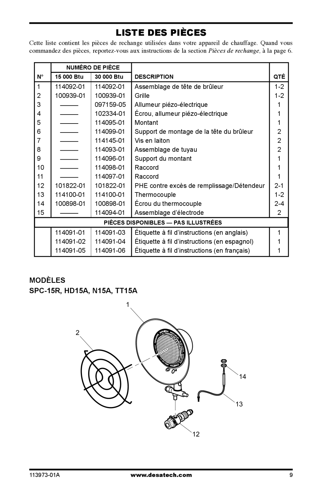 Desa SPC-15R, TT30 10, TT15A 10 owner manual Liste DES Pièces 