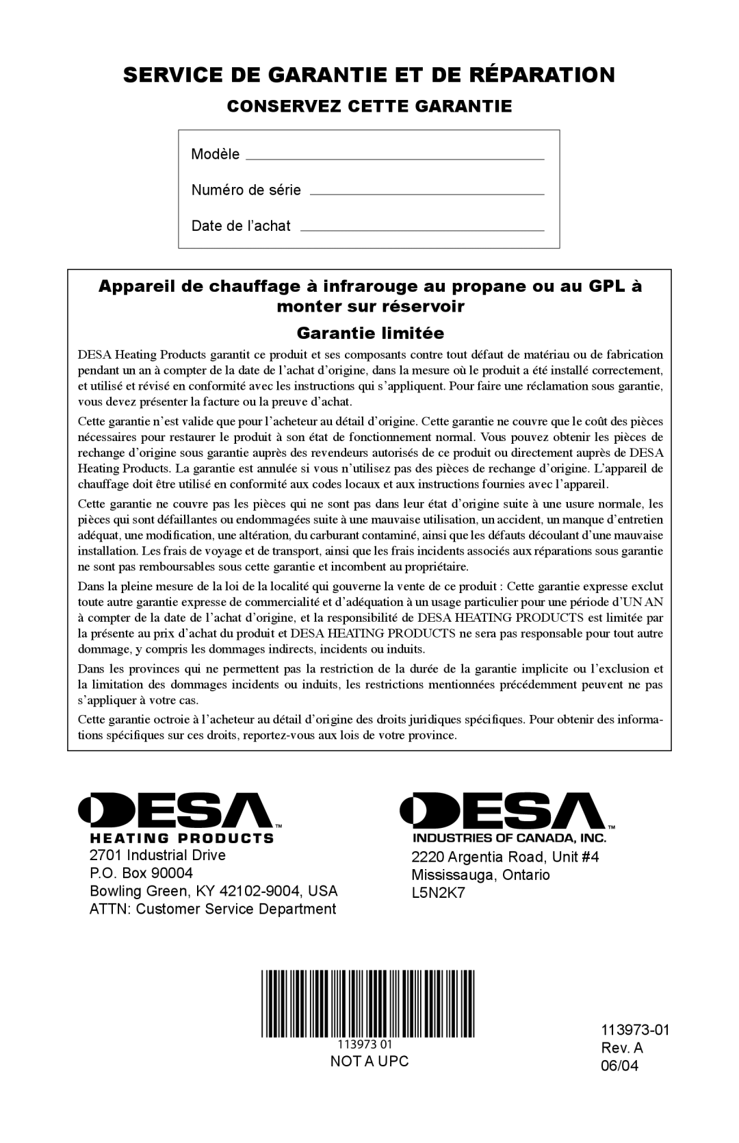 Desa SPC-15R, TT30 10, TT15A 10 owner manual Service DE Garantie ET DE Réparation, Conservez Cette Garantie 