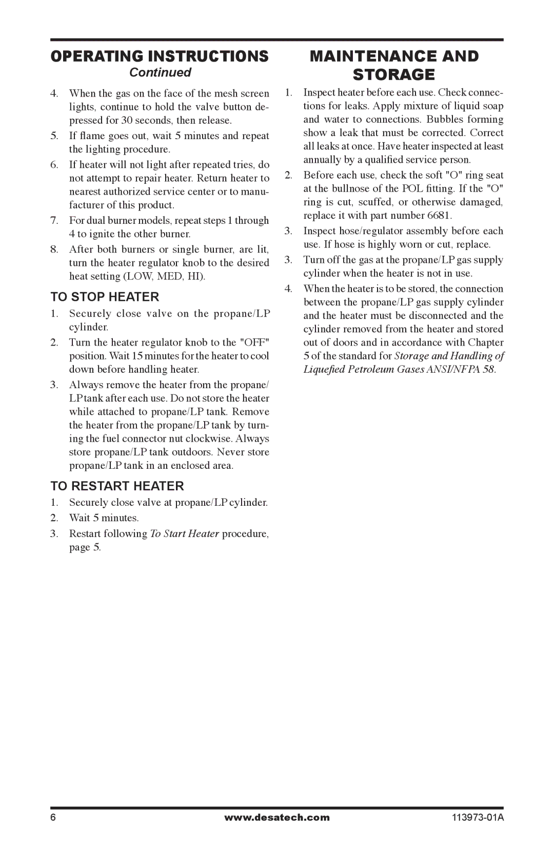 Desa TT30 10, TT15A 10, SPC-15R owner manual Maintenance Storage, To Stop Heater, To Restart Heater 