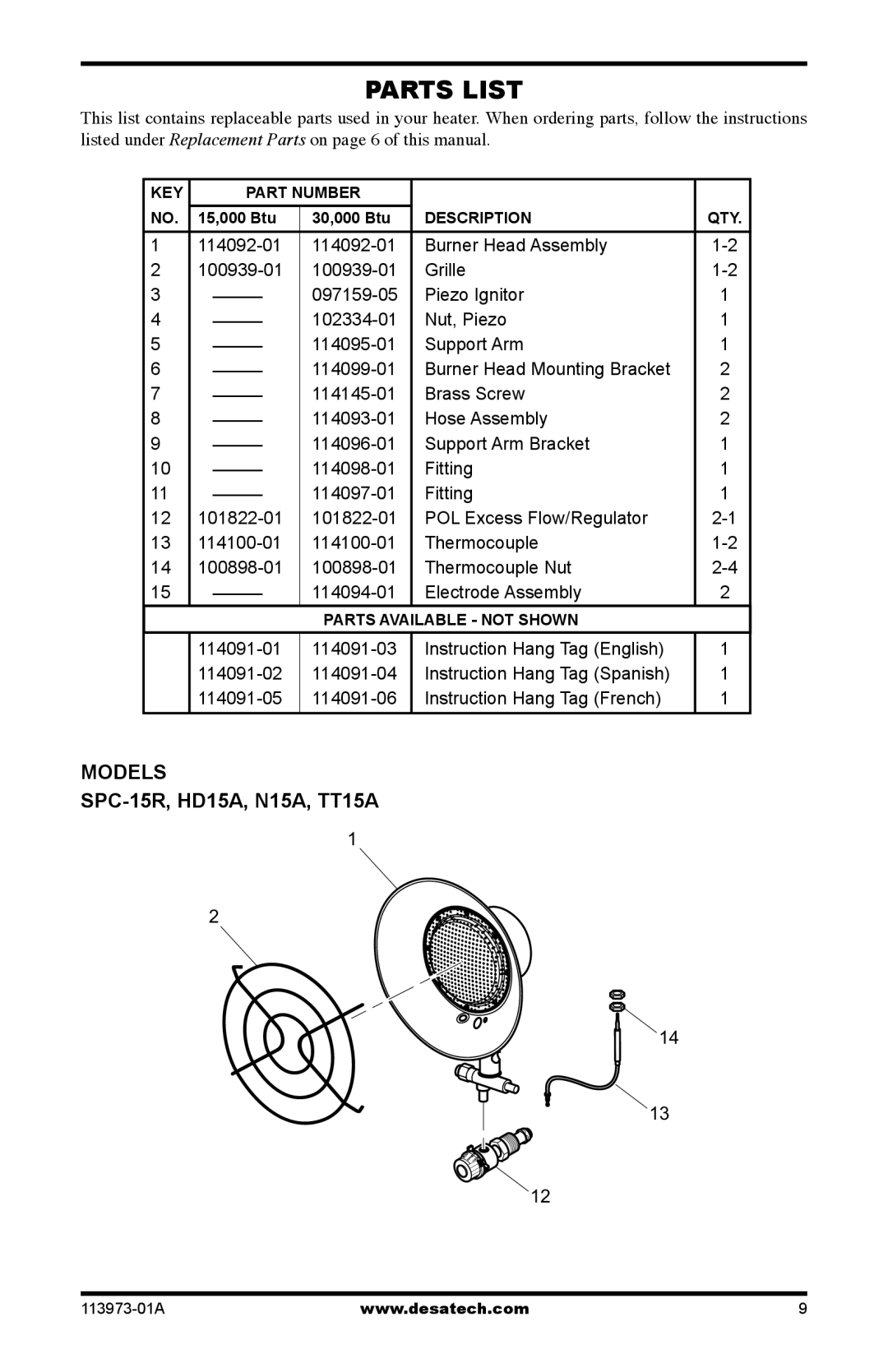 Desa TT30 10, TT15A 10, SPC-15R owner manual Parts List 