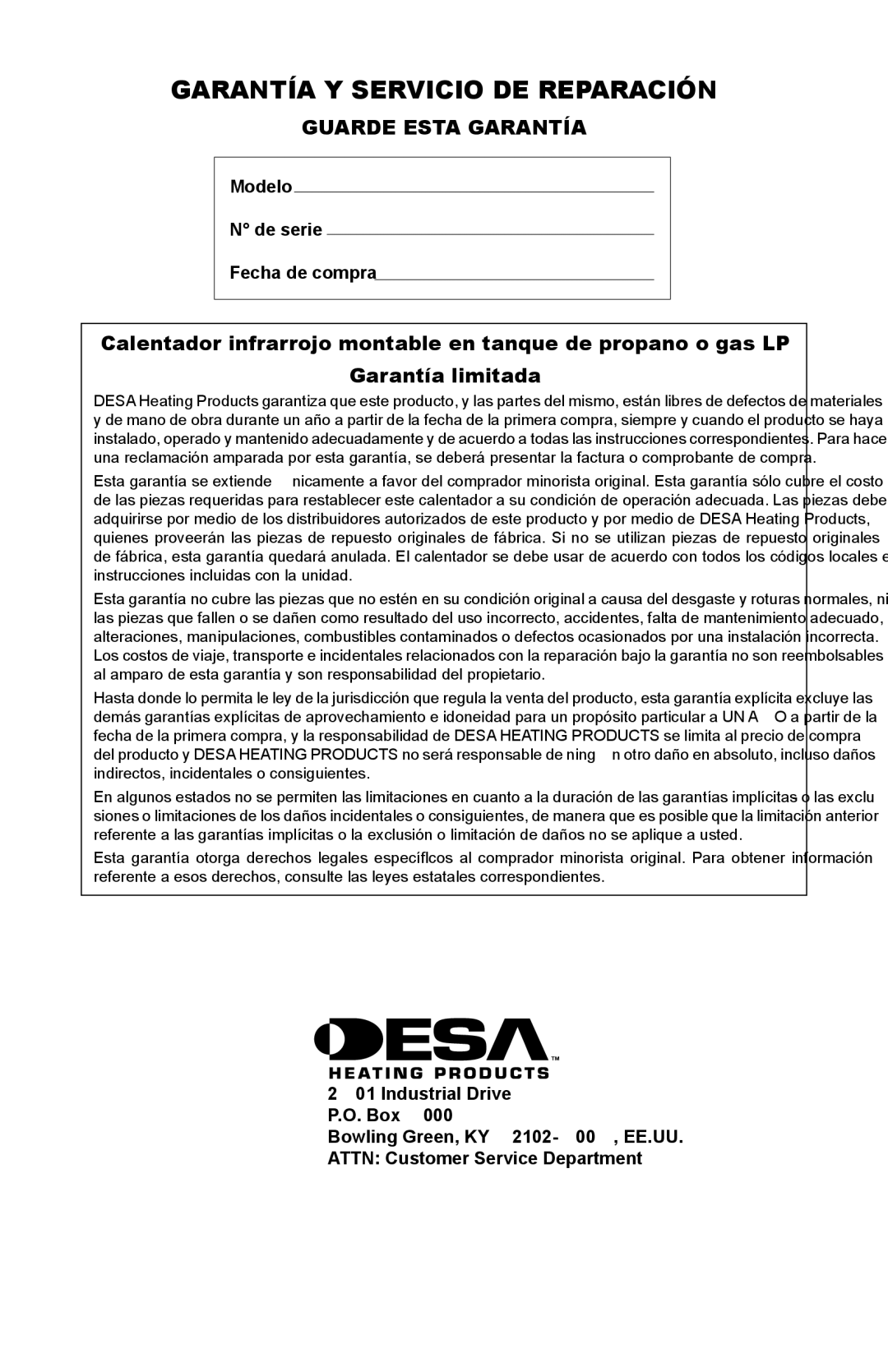 Desa 000 BTU SPC-30R, TT30, N15A, HD15A, HD30, AND TT15A 10, 000-15 Garantía Y Servicio DE Reparación, Guarde Esta Garantía 