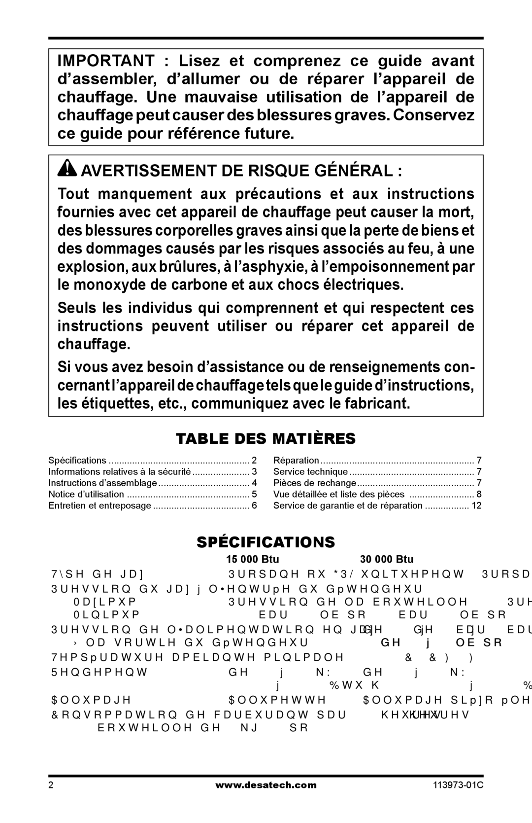 Desa N15A, TT30, HD15A, HD30, AND TT15A 10, 000-15 Avertissement DE Risque Général, Table DES Matières, Spécifications 