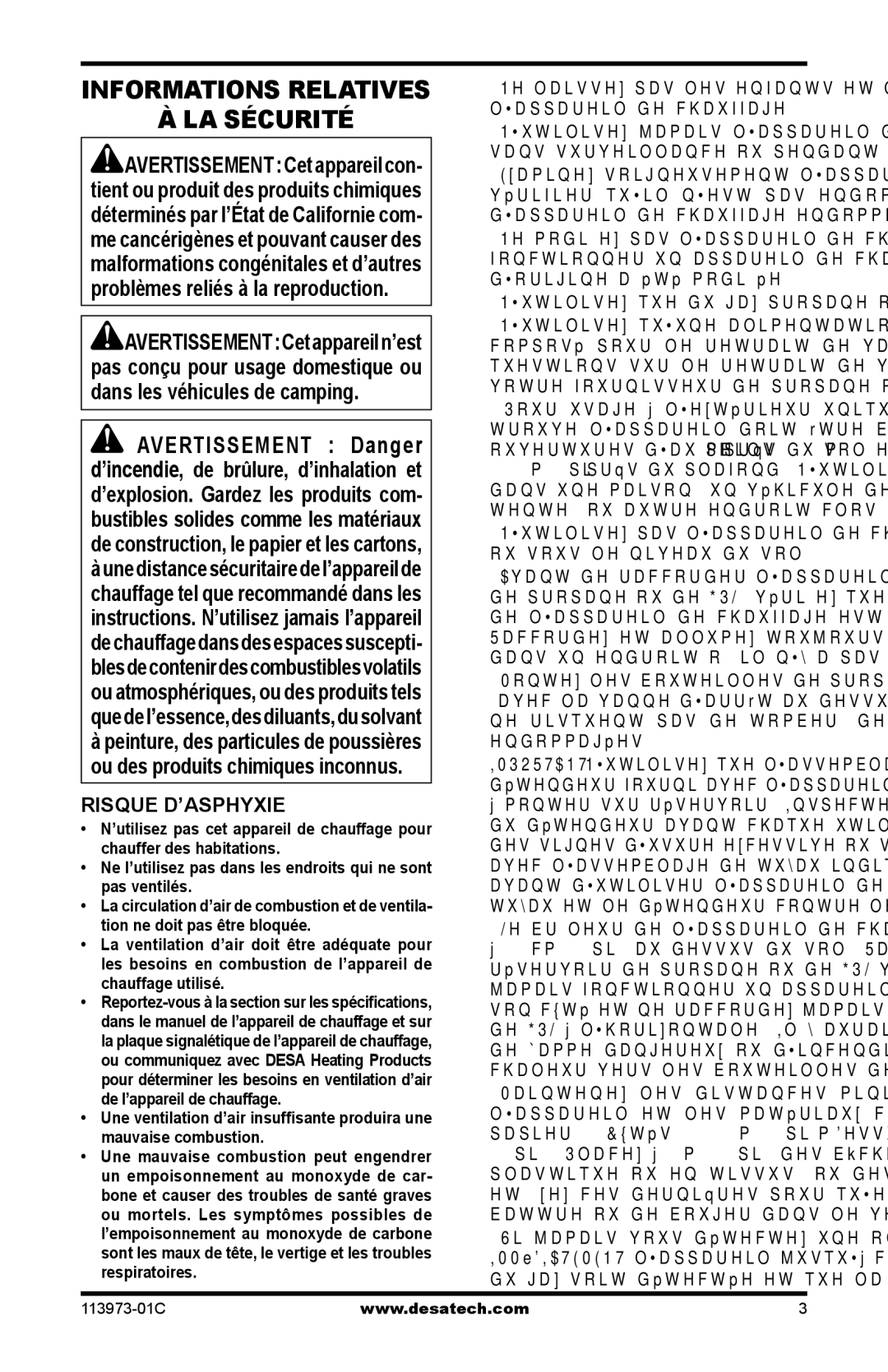 Desa HD15A, TT30, N15A, HD30, AND TT15A 10, 000-15, 000 BTU SPC-30R owner manual LA Sécurité, Risque D’ASPHYXIE 