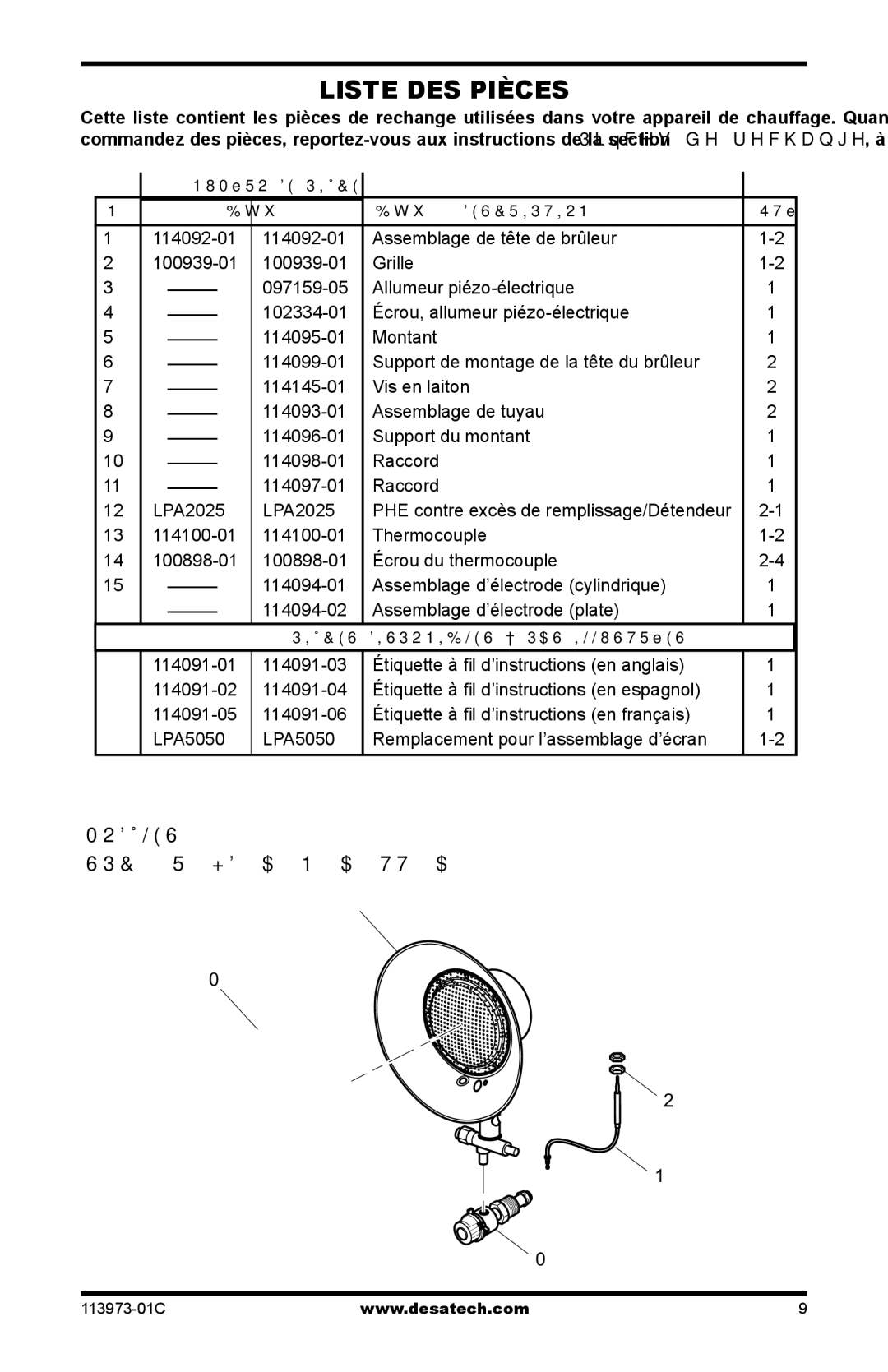 Desa N15A, TT30, HD15A, HD30, AND TT15A 10, 000-15, 000 BTU SPC-30R owner manual Liste DES Pièces 