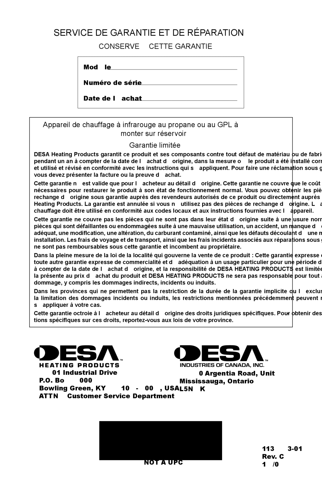 Desa AND TT15A 10, TT30, N15A, HD15A, HD30, 000-15 owner manual Service DE Garantie ET DE Réparation, Conservez Cette Garantie 