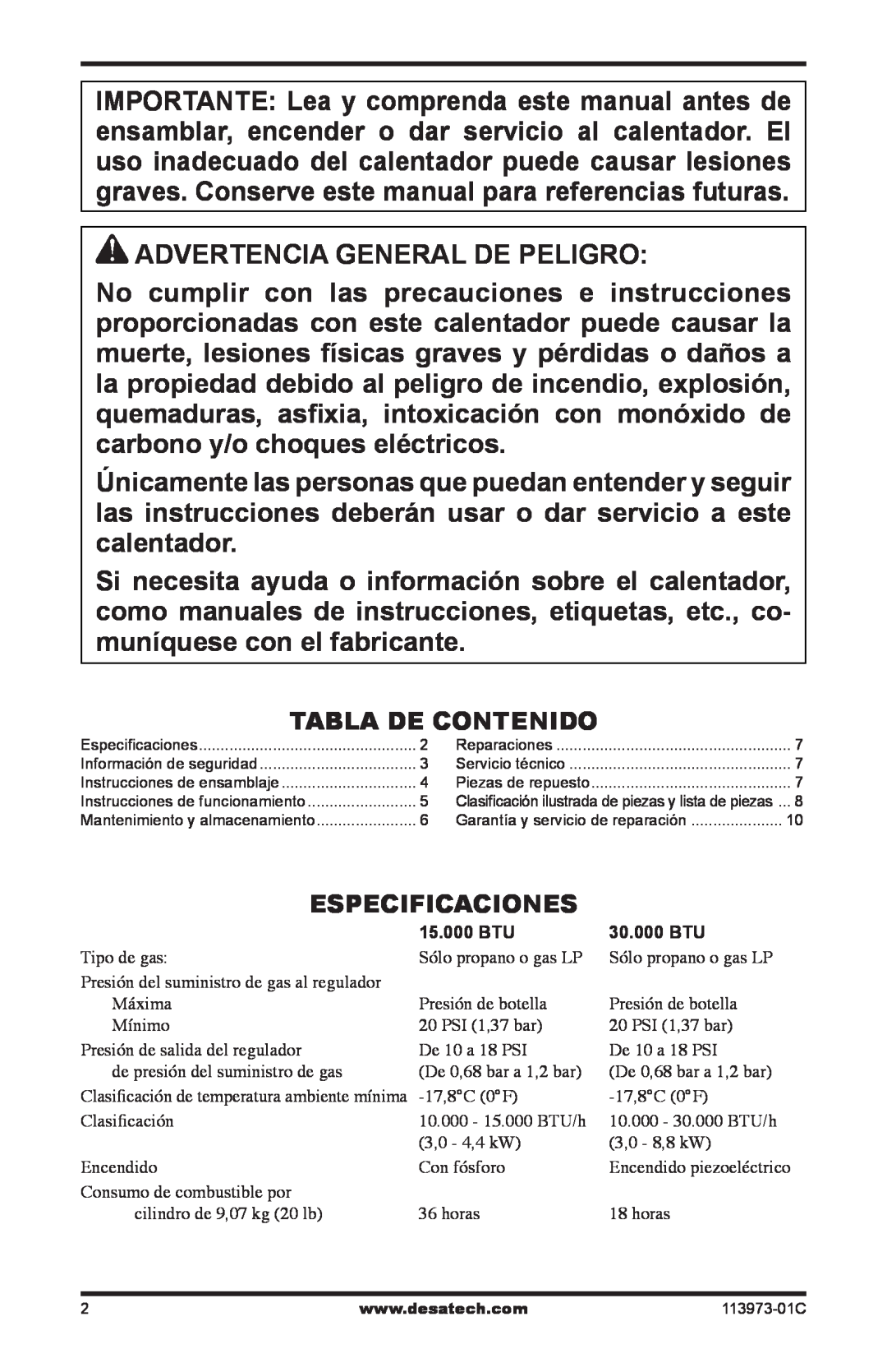 Desa 000-15, TT30, N15A, HD15A, HD30, AND TT15A 10, 000 BTU SPC-30R owner manual Advertencia General De Peligro 
