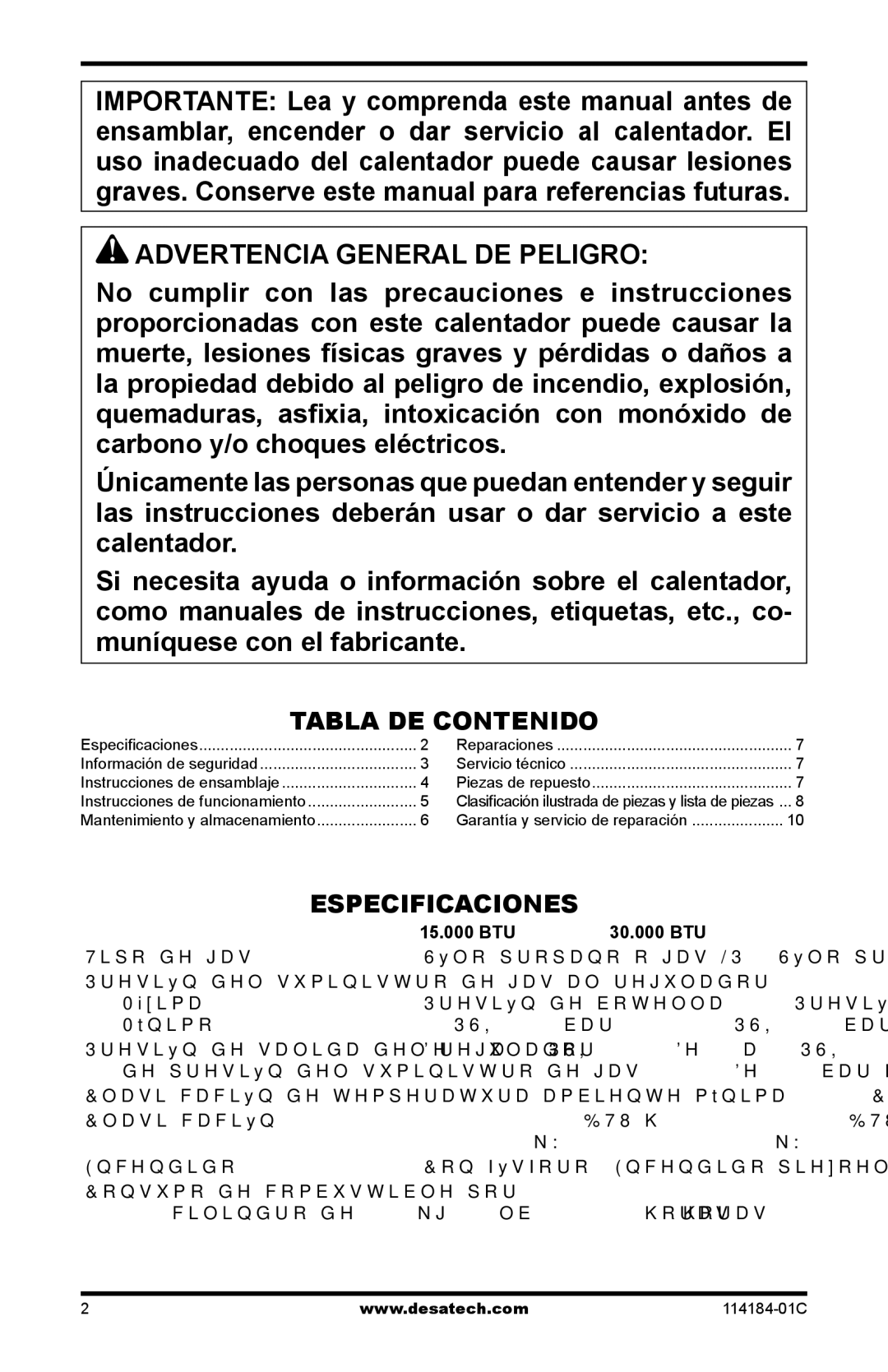 Desa HD30B, TT30B, N15 AND TT15 10, HD15 owner manual Advertencia General DE Peligro, Tabla DE Contenido, Especificaciones 