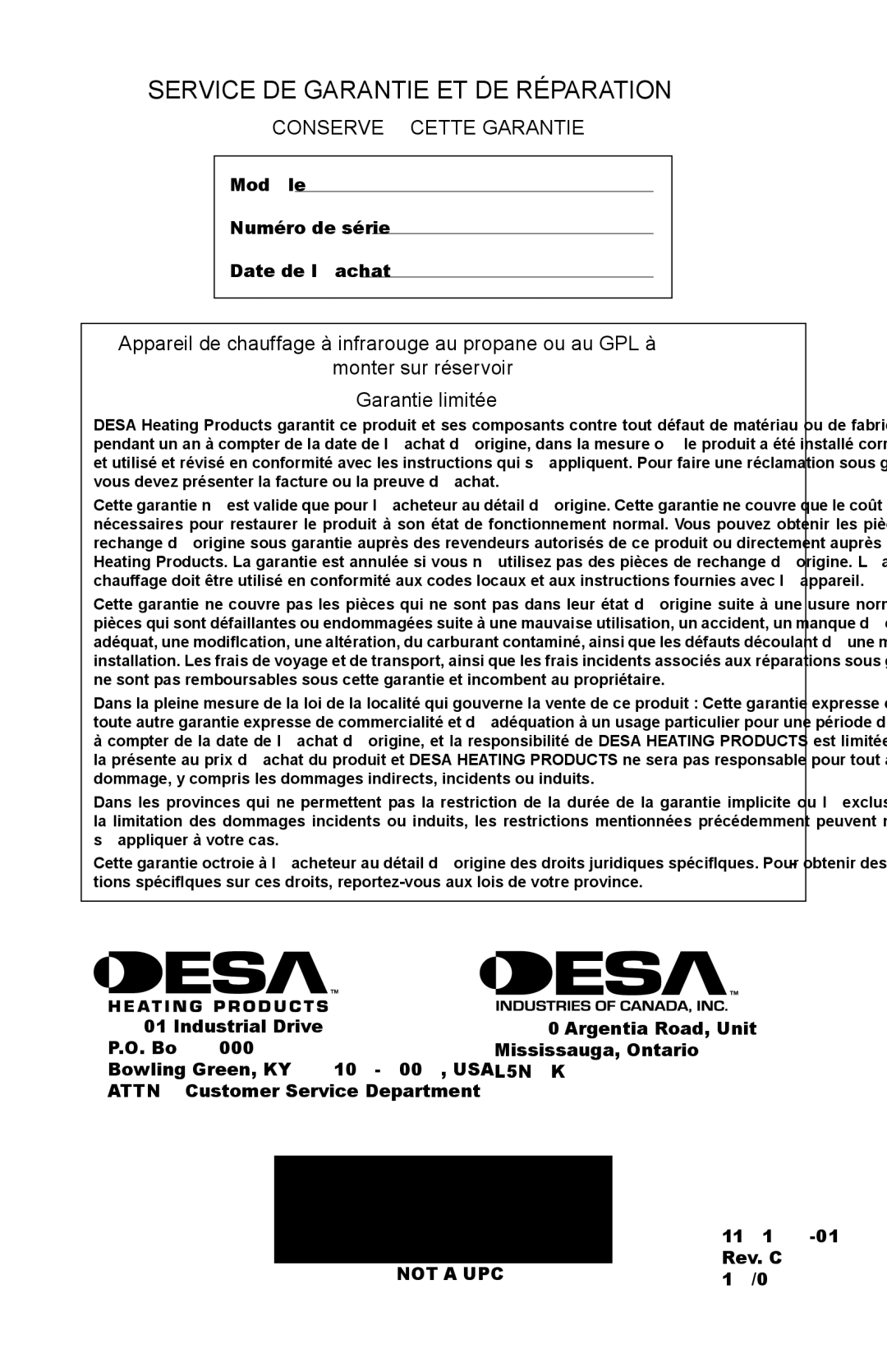 Desa HD30B, TT30B, N15 AND TT15 10, HD15 owner manual Service DE Garantie ET DE Réparation, Conservez Cette Garantie 