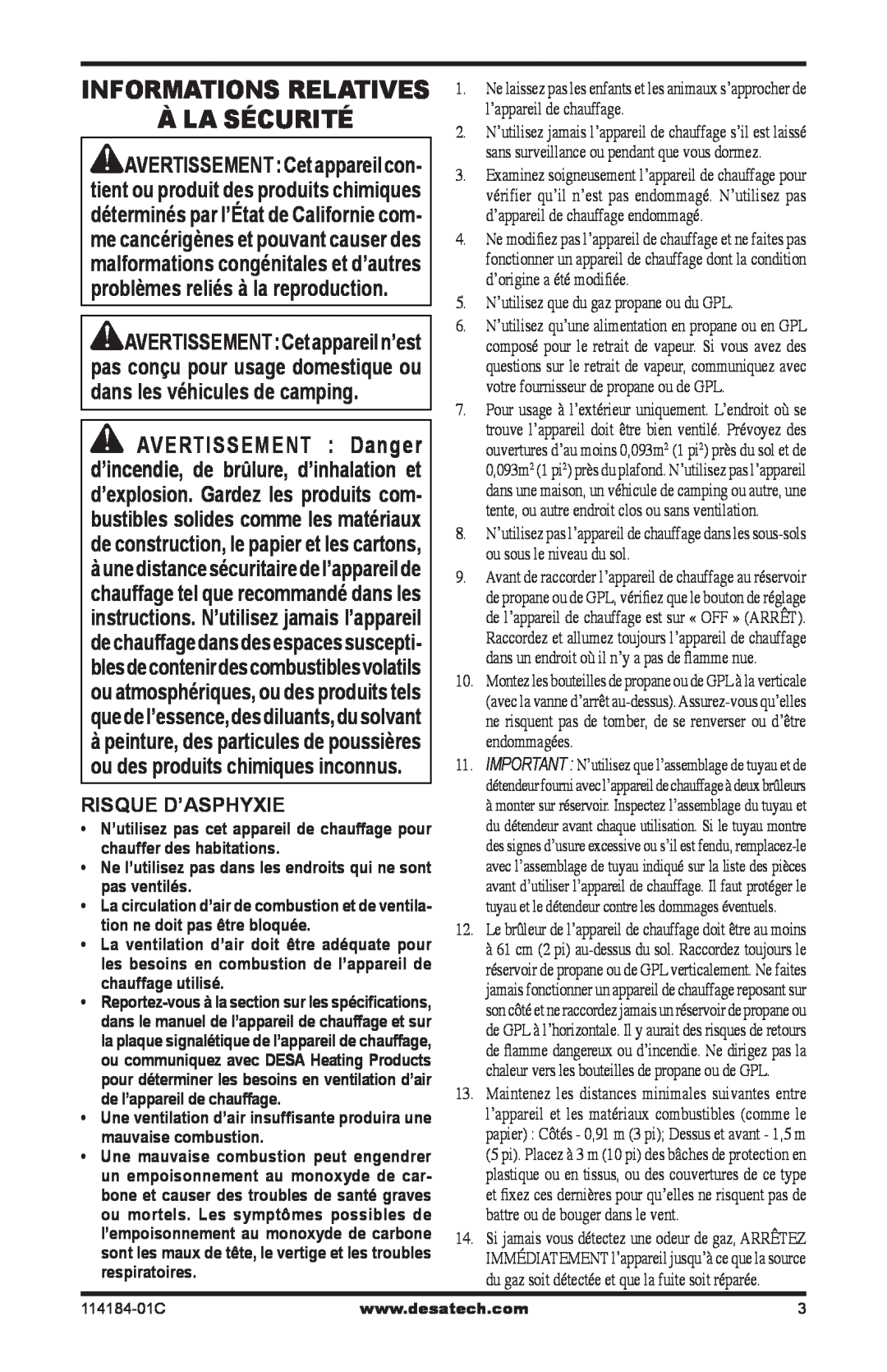 Desa HD15, TT30B, N15 AND TT15 10, HD30B owner manual À La Sécurité, Informations Relatives, Risque D’Asphyxie 