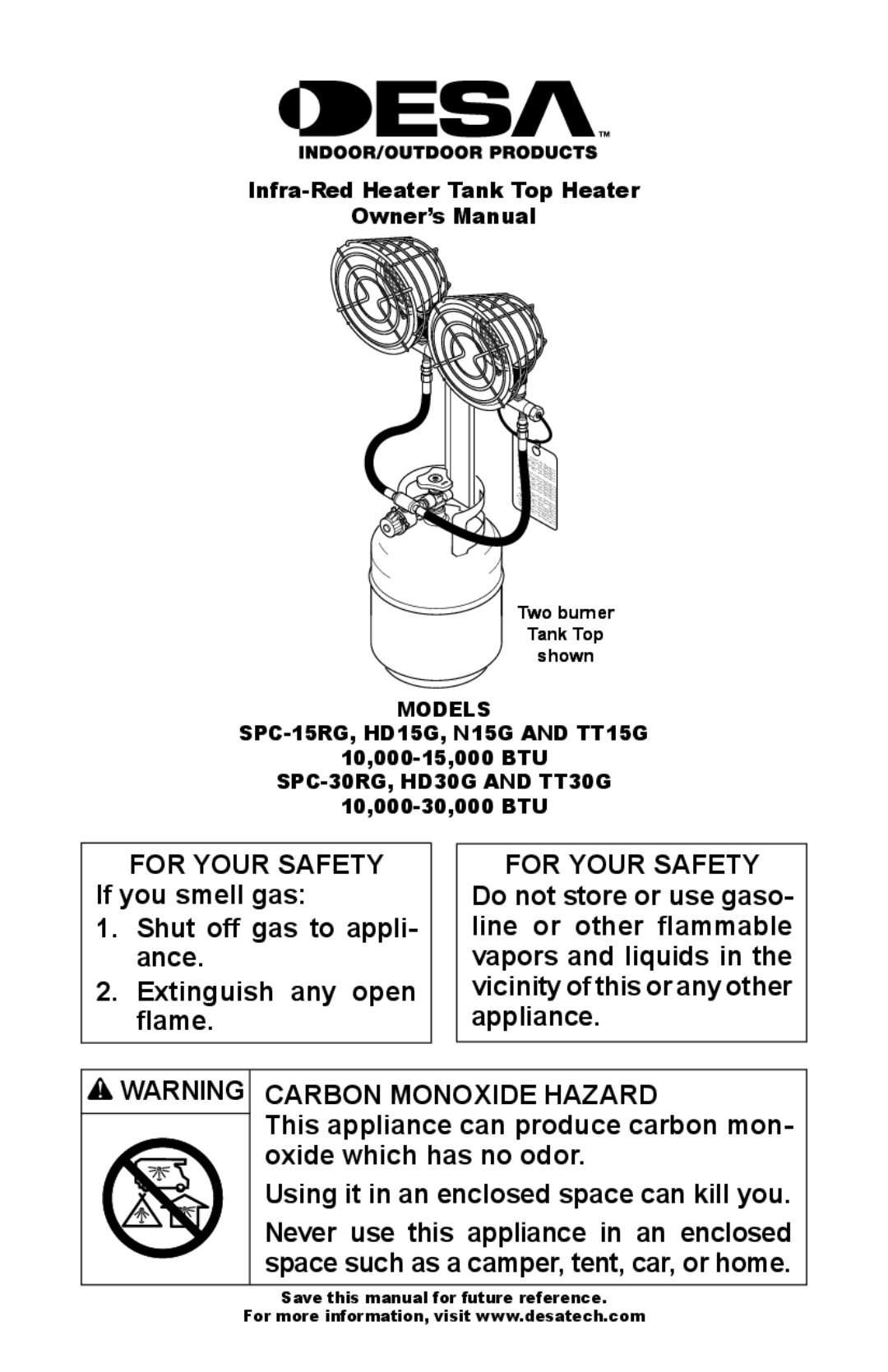 Desa SPC-30RG, TT30G, HD30G owner manual For Your Safety, Carbon Monoxide Hazard, Models SPC-15RG, HD15G, N15G and TT15G 